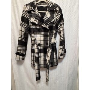 JOUJOU Double Breasted Plaid Pea Coat Cream/Black Jacket Belted Pockets Size M‎